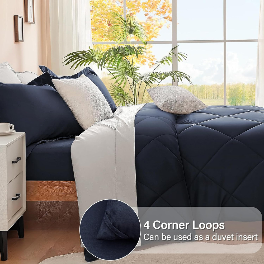 Queen Comforter Set Navy Blue, 3 Pieces Comforters Queen Size Solid Quilted Bedd