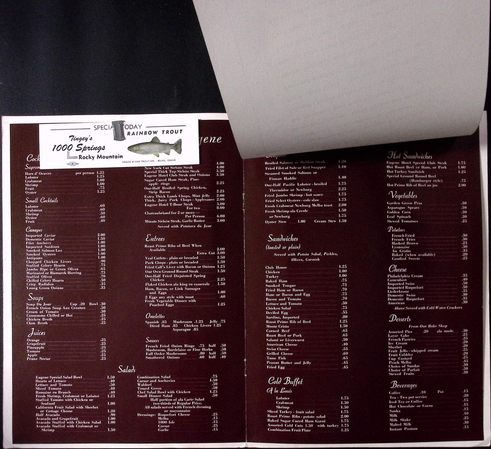 1954 Eugene Hotel Eugene OR Dinner Menu Cocktail Menu Wine List