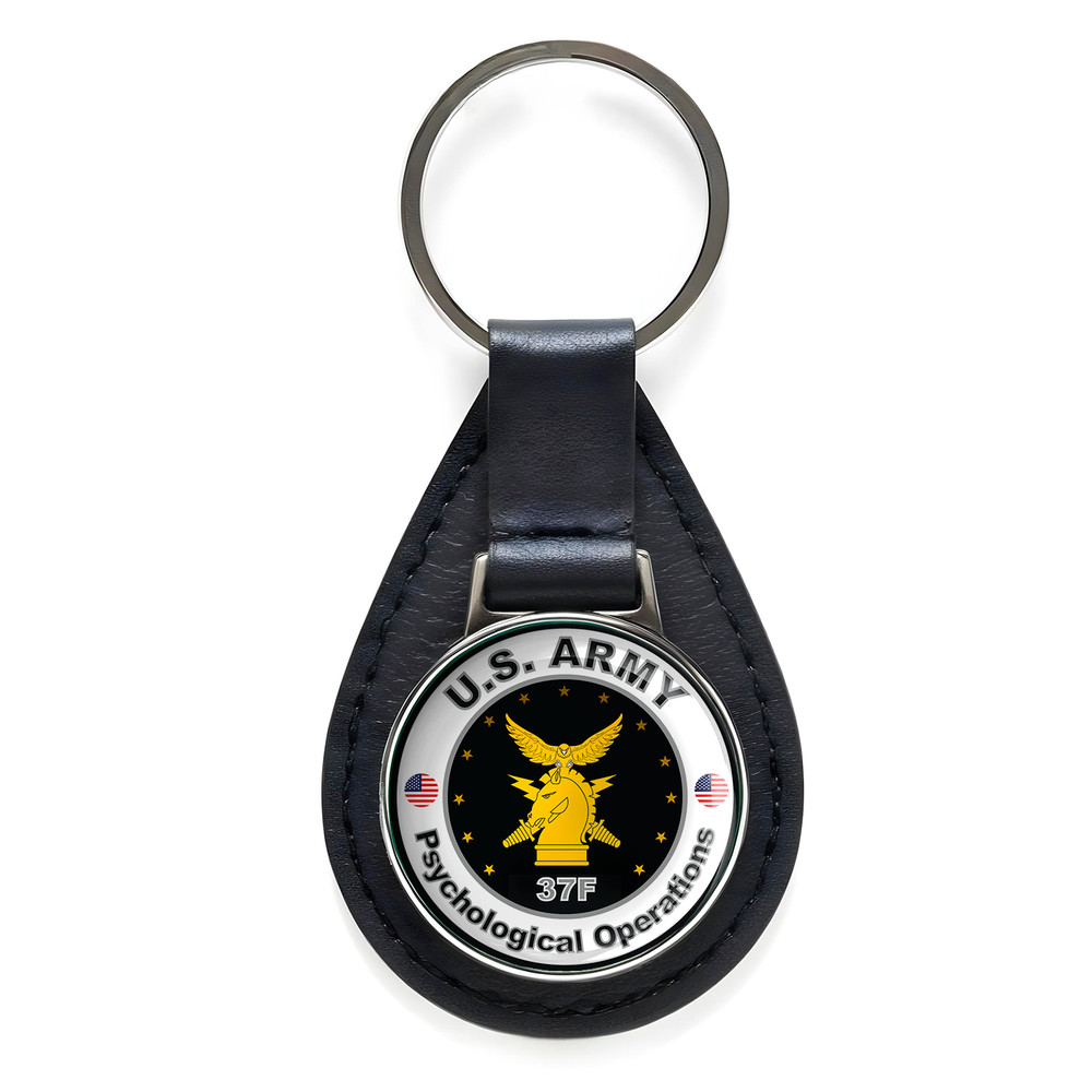 US Army Psychological Operations Black Leather Keychain Silver Keyring