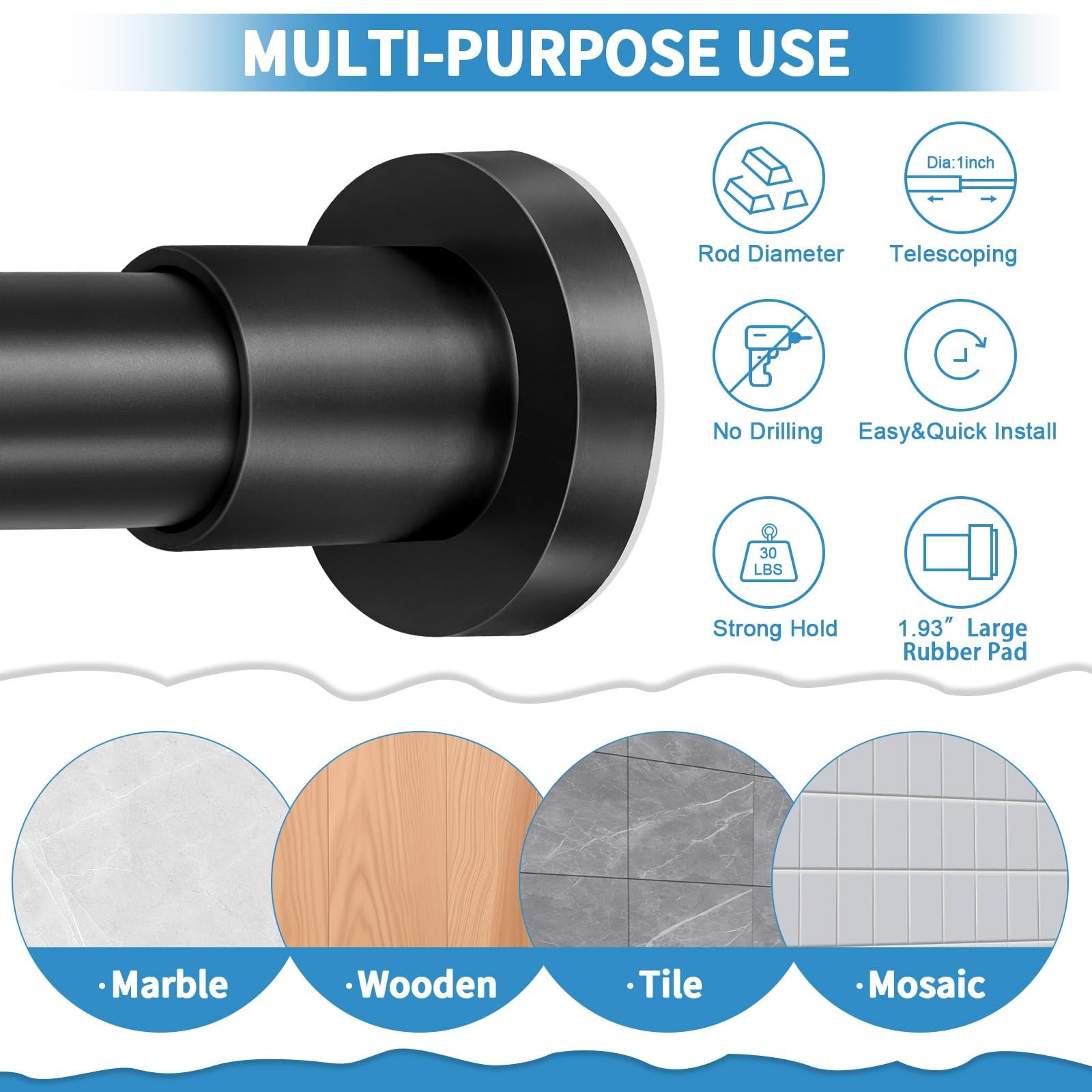 Stainless Steel Shower Rod, 36-84 Inch Adjustable, Tension Mount, No Slip, Black