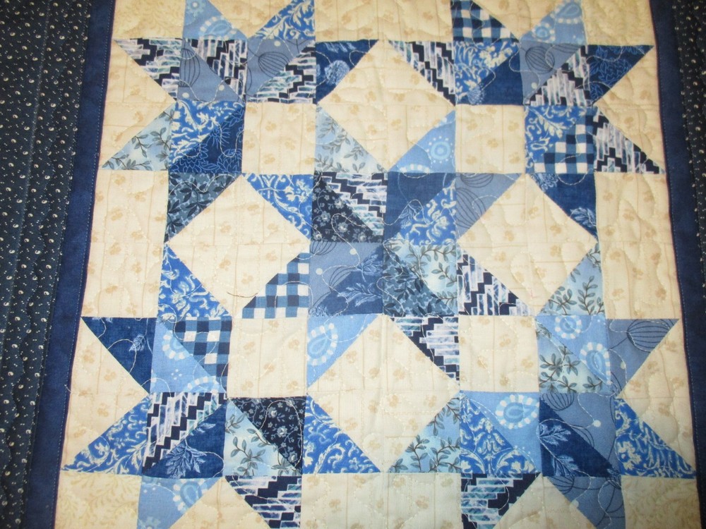 Hand Made Quilted Table Runner/ Topper /Mat ~Blue & Cream ~ 20" x 20"