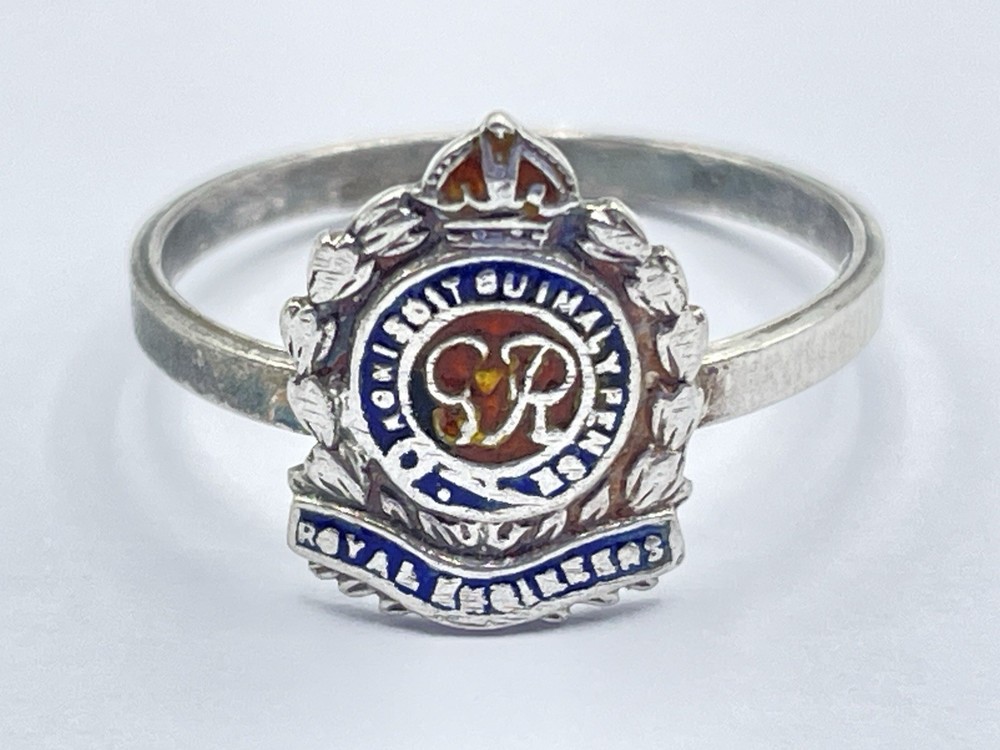 WW2 British Sterling Silver & Enamel Royal Engineers Sweetheart Ring Size M