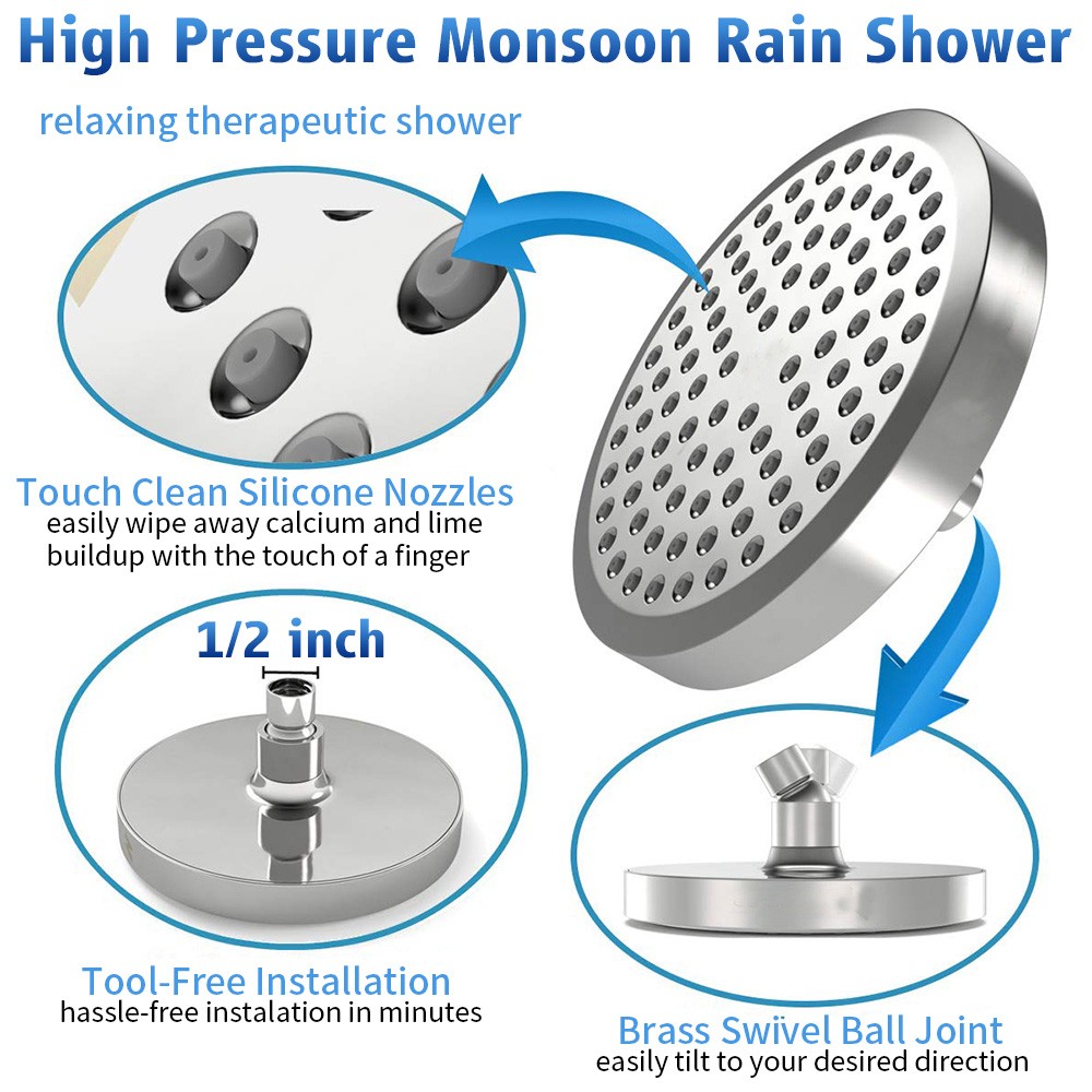 6inch Shower Head - Chrome High Pressure Rain ShowerHead Adjustable Replacement