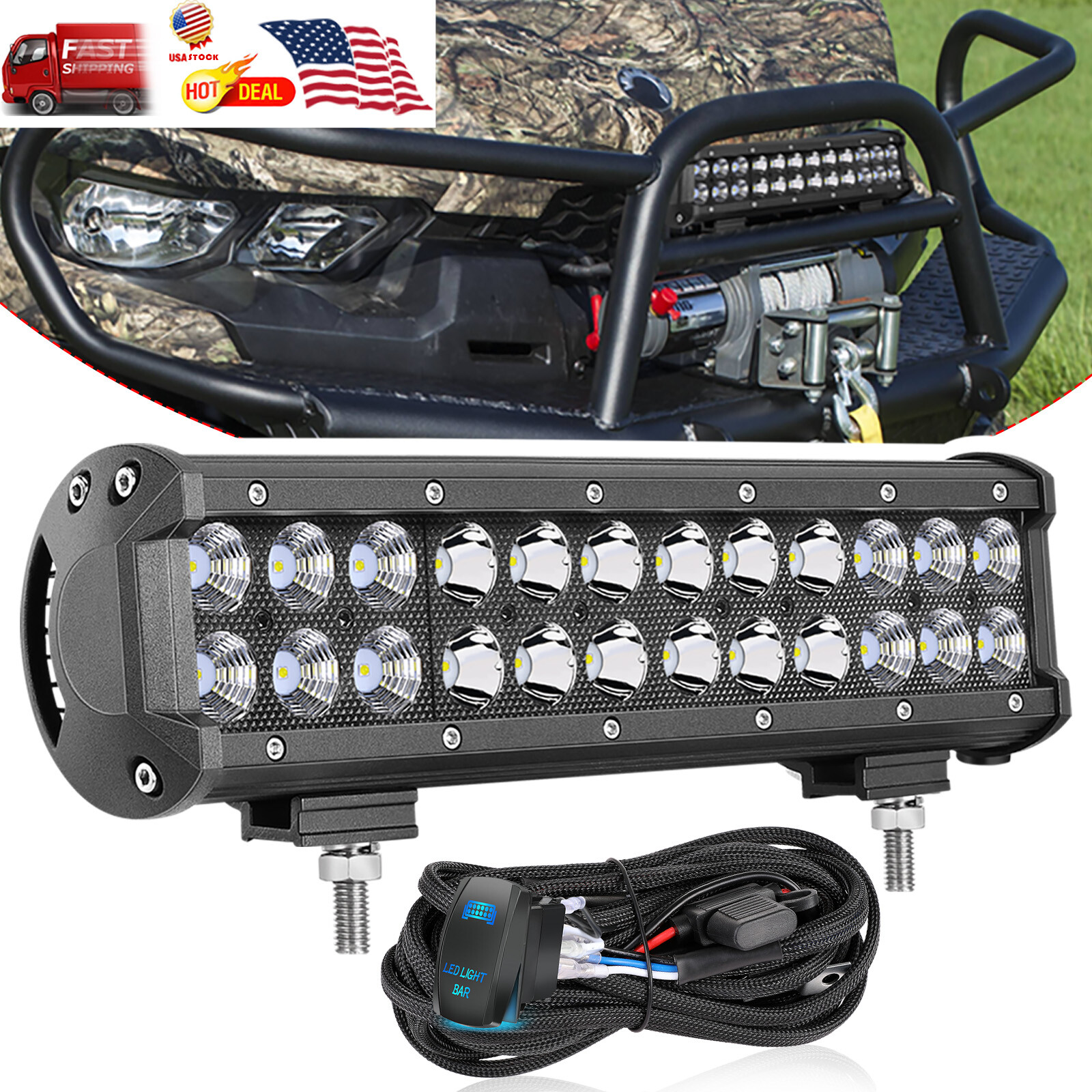 FOR Polaris Ranger XP 1000/1000 Crew 12" LED Light Bar Combo+ Rock Switch Wiring