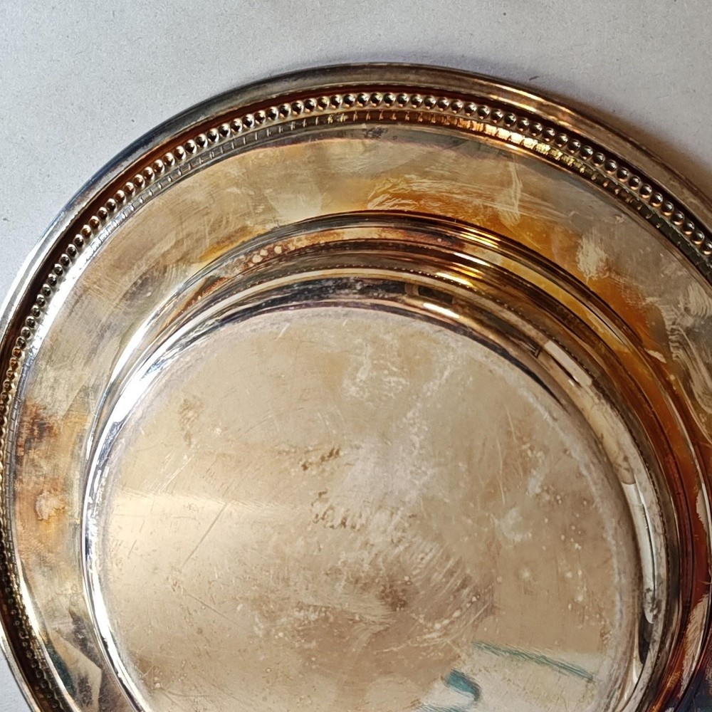 VTG Silverplate Trinket Tray Coaster Cork Insert Ornate Beaded Edge 6.5" Barware