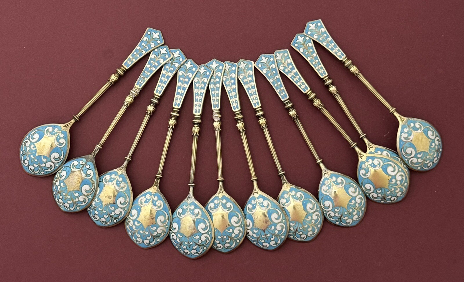 Set 12 German 800 Silver Gilt and ENAMEL Spoons
