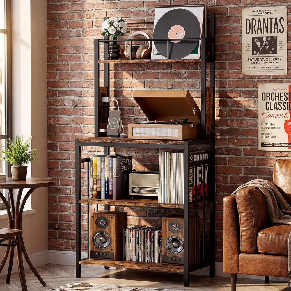 Record Player Stand, 2-Tier Vinyl Record Storage, Large Record Player Table with