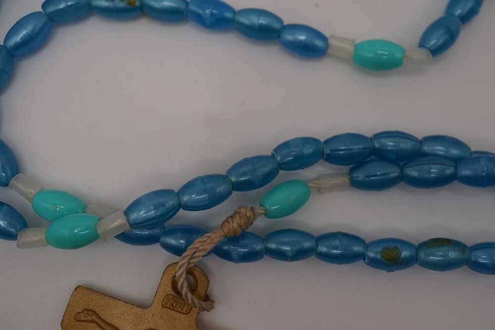 Blue Plastic Beaded Chain Rosary Necklace Cross Pendant