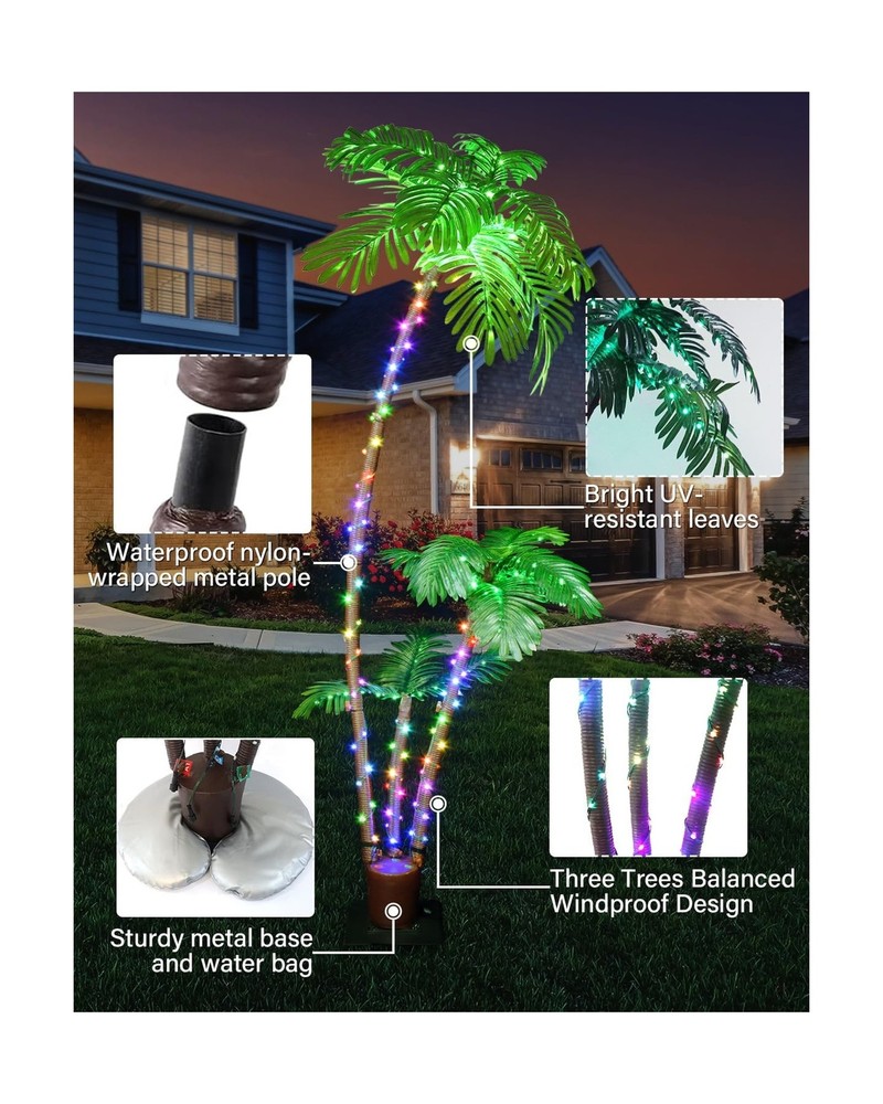 7FT Smart Lighted Palm Tree, DIY Color Changing LED Artificial Palm Tree 3 Tr...