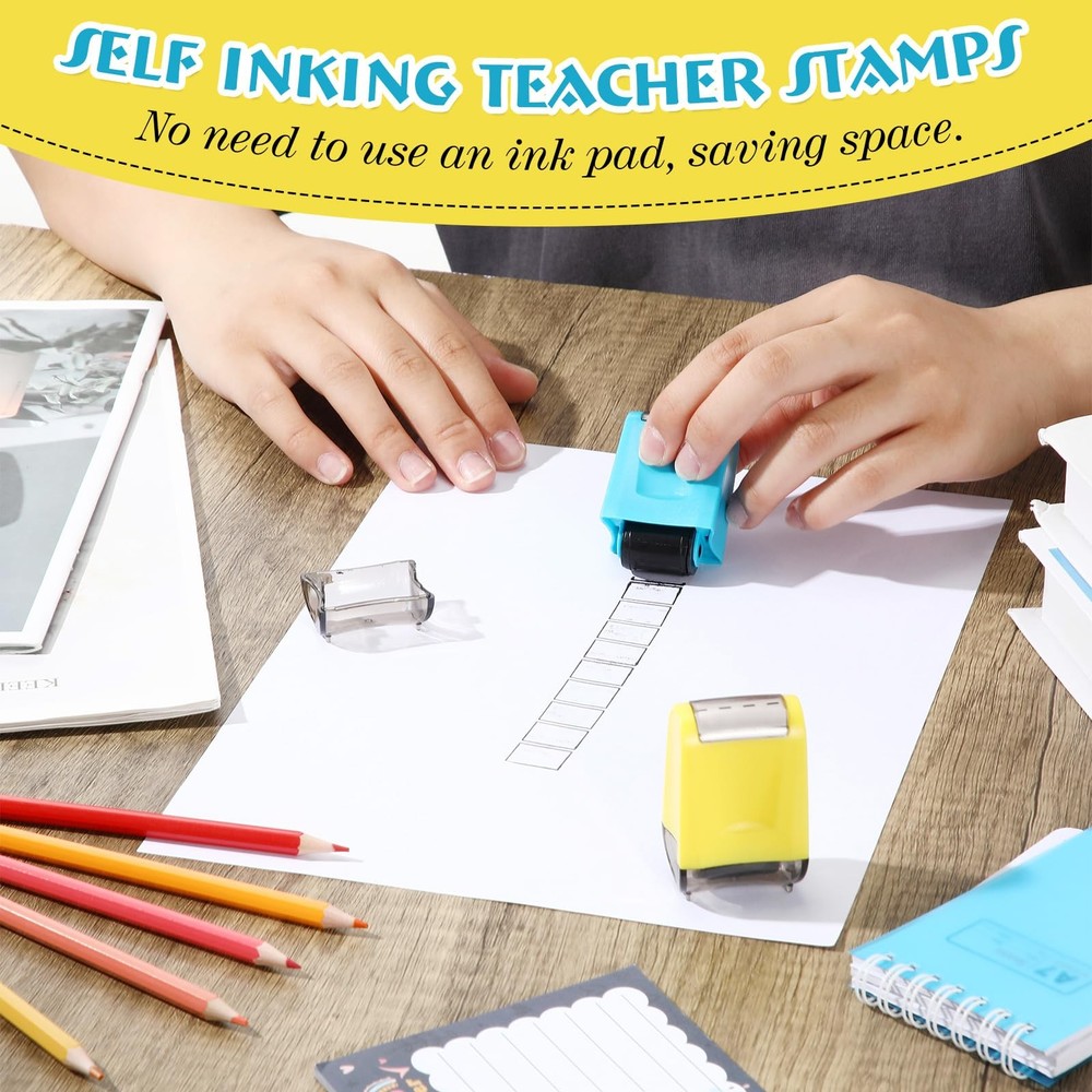 2 Pcs Teacher Stamps Square Grids Dashed Lines Refillable Self Ink Roller
