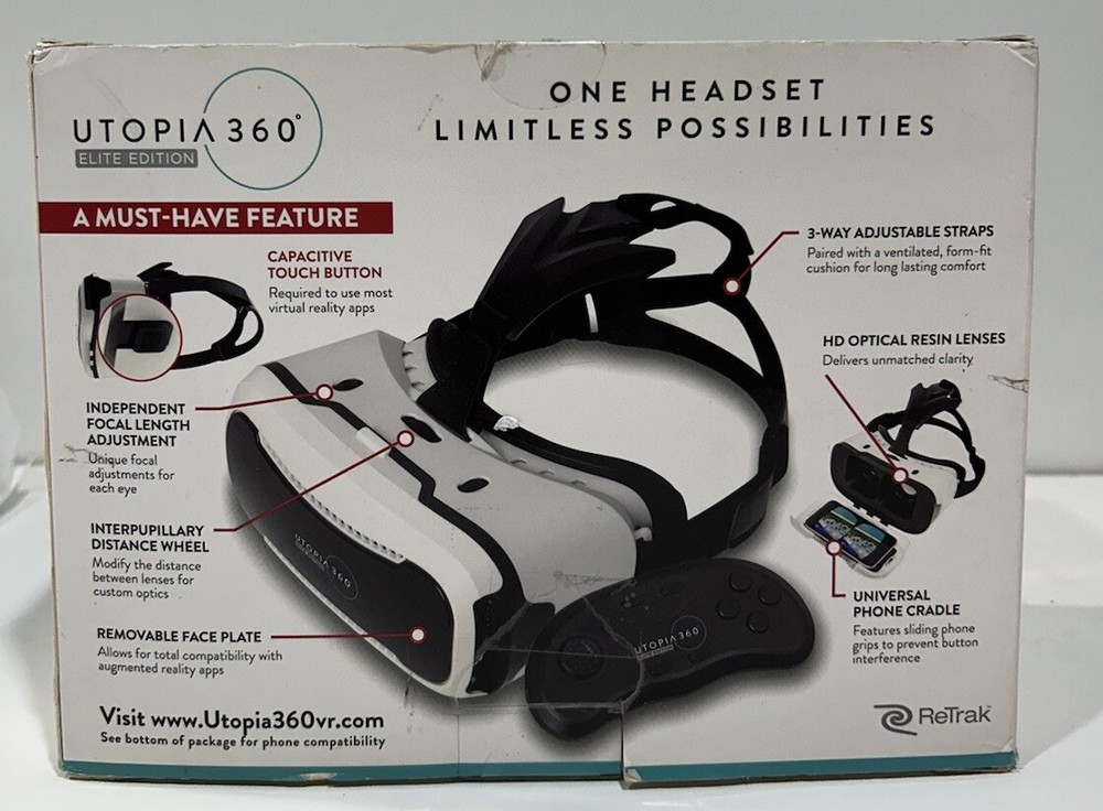 Utopia 360 Virtual Reality 3D Headset + Bluetooth Controller New In Box