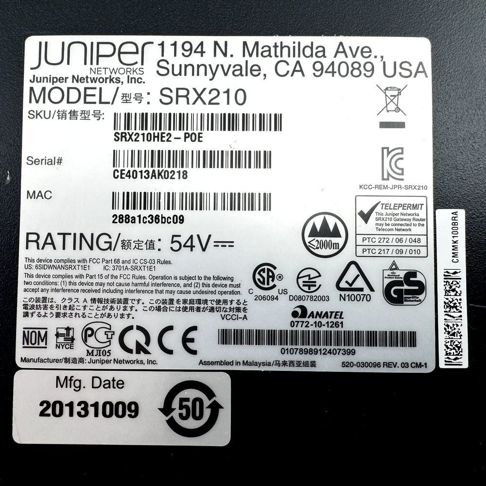 Juniper SRX210HE2 10/100/1000 POE Secure Services Gateway Firewall NO ADAPTER