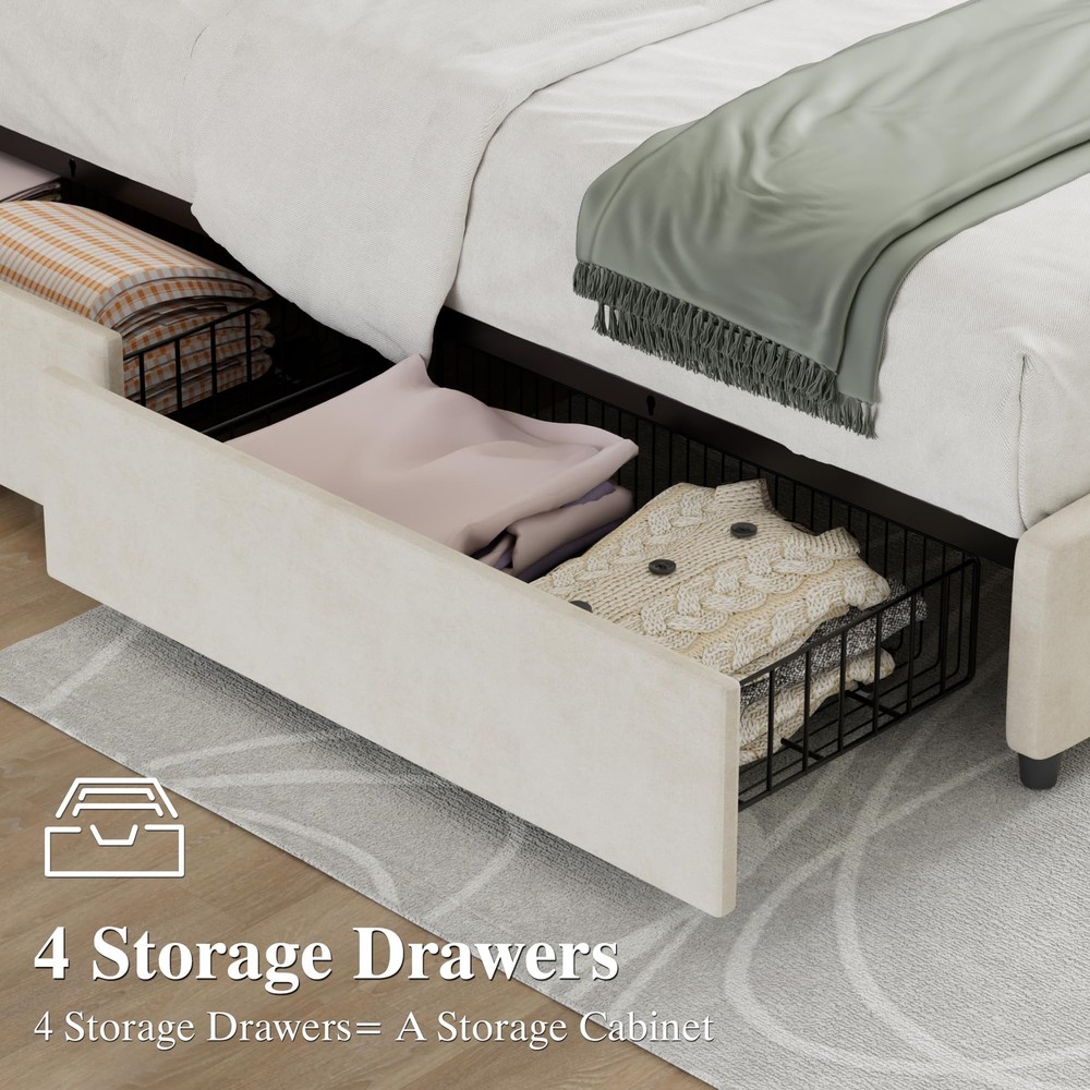 Queen Size Bed Frame with 4 Storage Drawers, Adjustable Height Headboard, Hea...