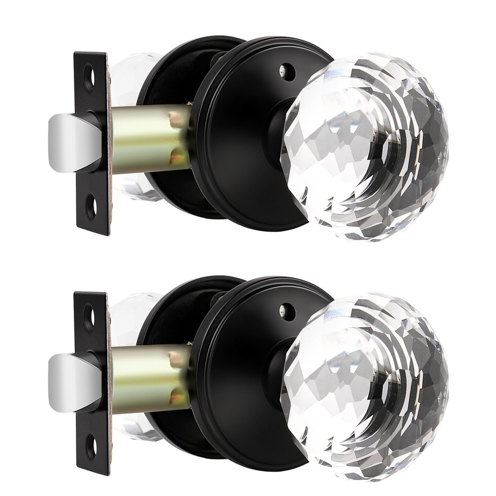 2 Pack Crystal Door Knobs Interior, Elegant Matte Black Glass Door Knobs, Key...