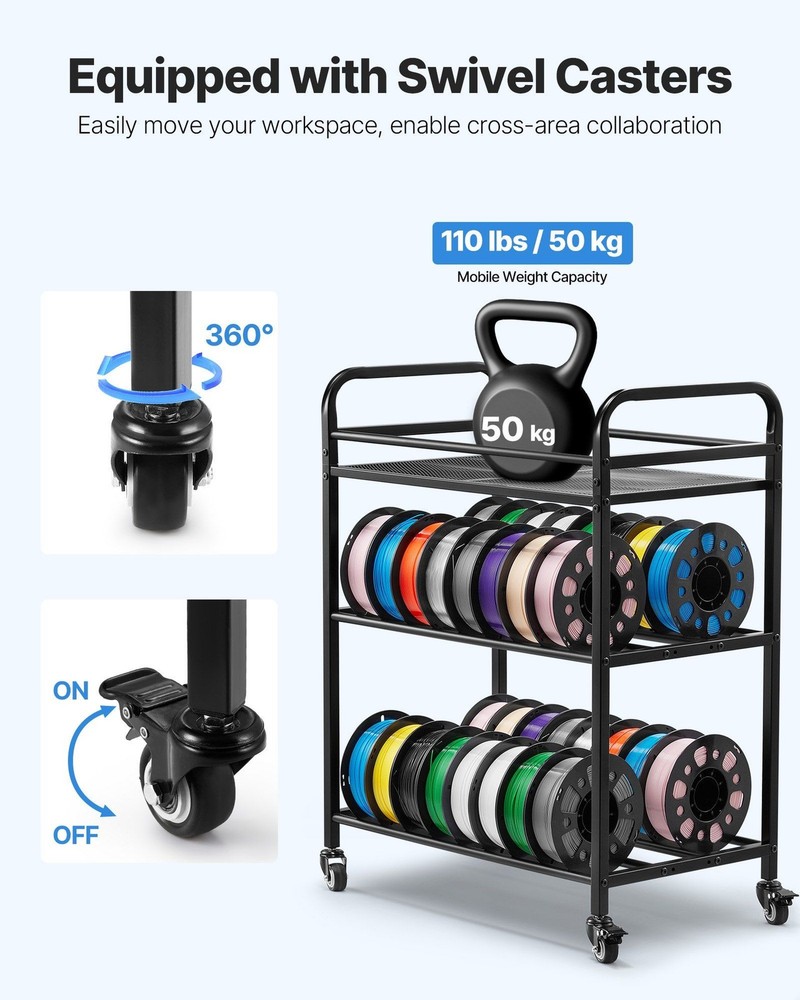 Ergonomic 3-Level Filament Rack 280lb Load Space Saving Rollable