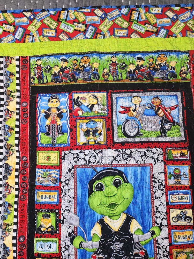 Vintage Motorcycle Biker Bugz Patchwork Reversible Quilt Throw 51" x 60"