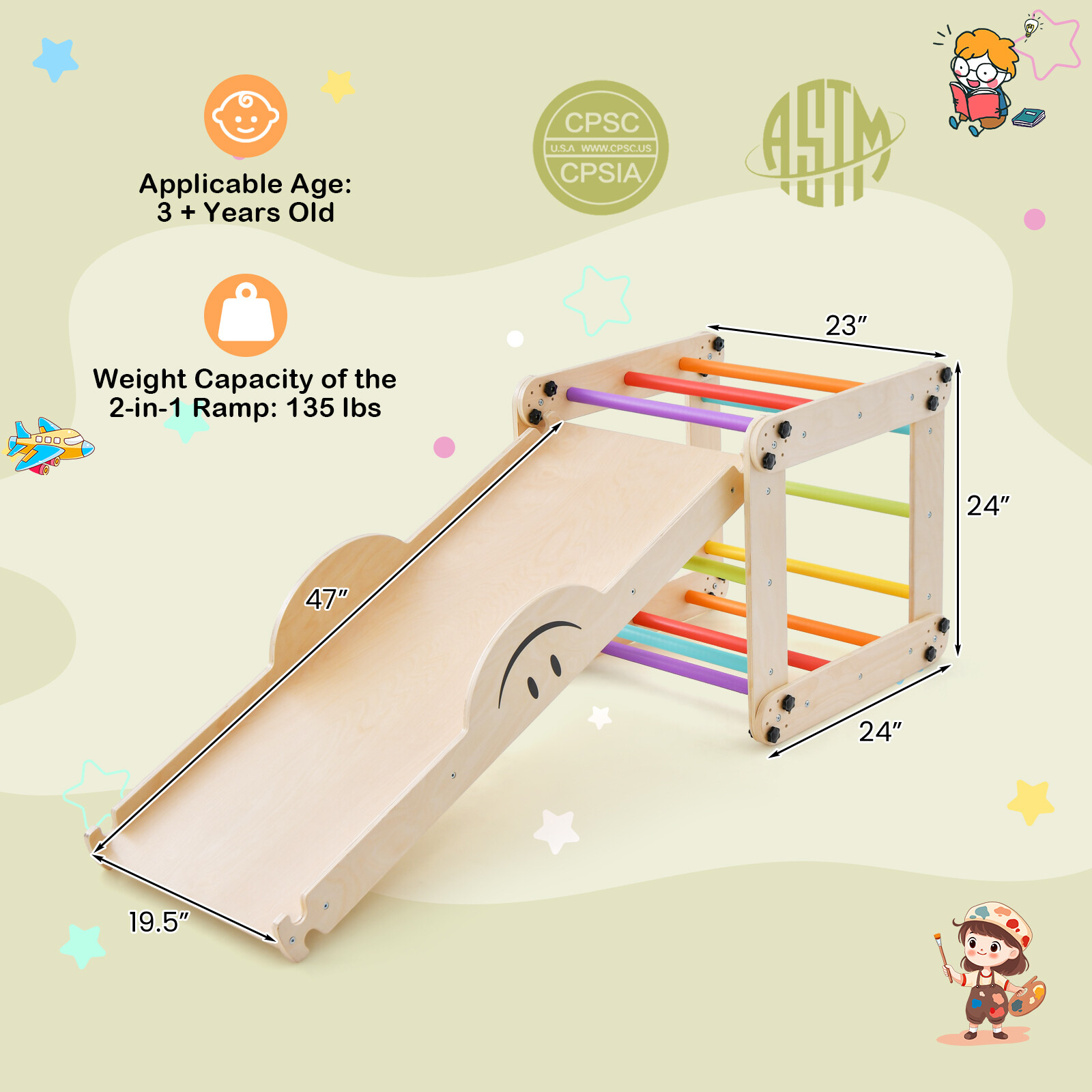 Wooden Climbing Toys for Toddlers Jungle Gym w/Reversible Ramp, Seesaw, Climber