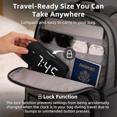 Battery Operated Small Alarm Clock: Digital Compact Large Display White Digits