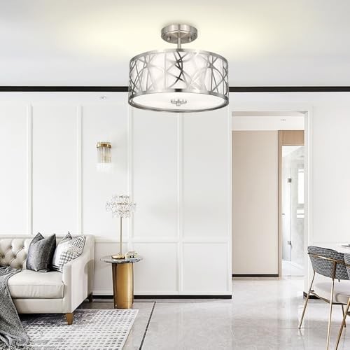 3-Light Semi Flush Mount Ceiling Light, 12.6" Drum Light with Brushed Nickel