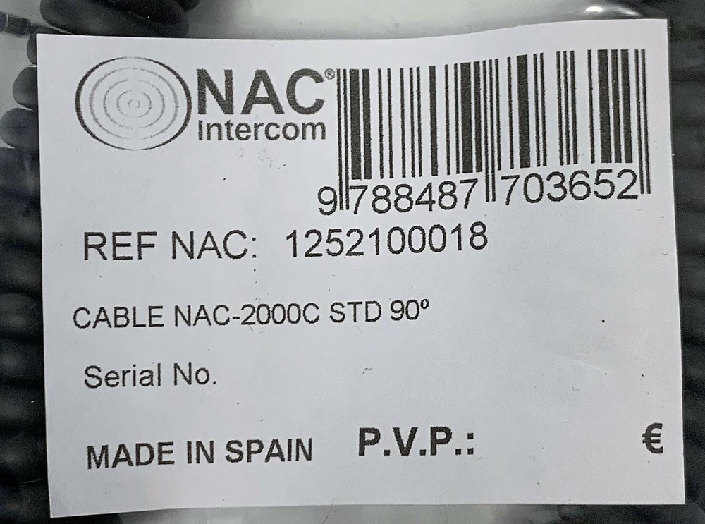 NAC INTERCOM 1252100018 CABLE NAC-2000C STD 90°