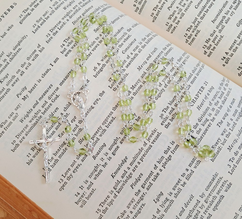 Mini Light Green Czech Glass Rosary in Silver