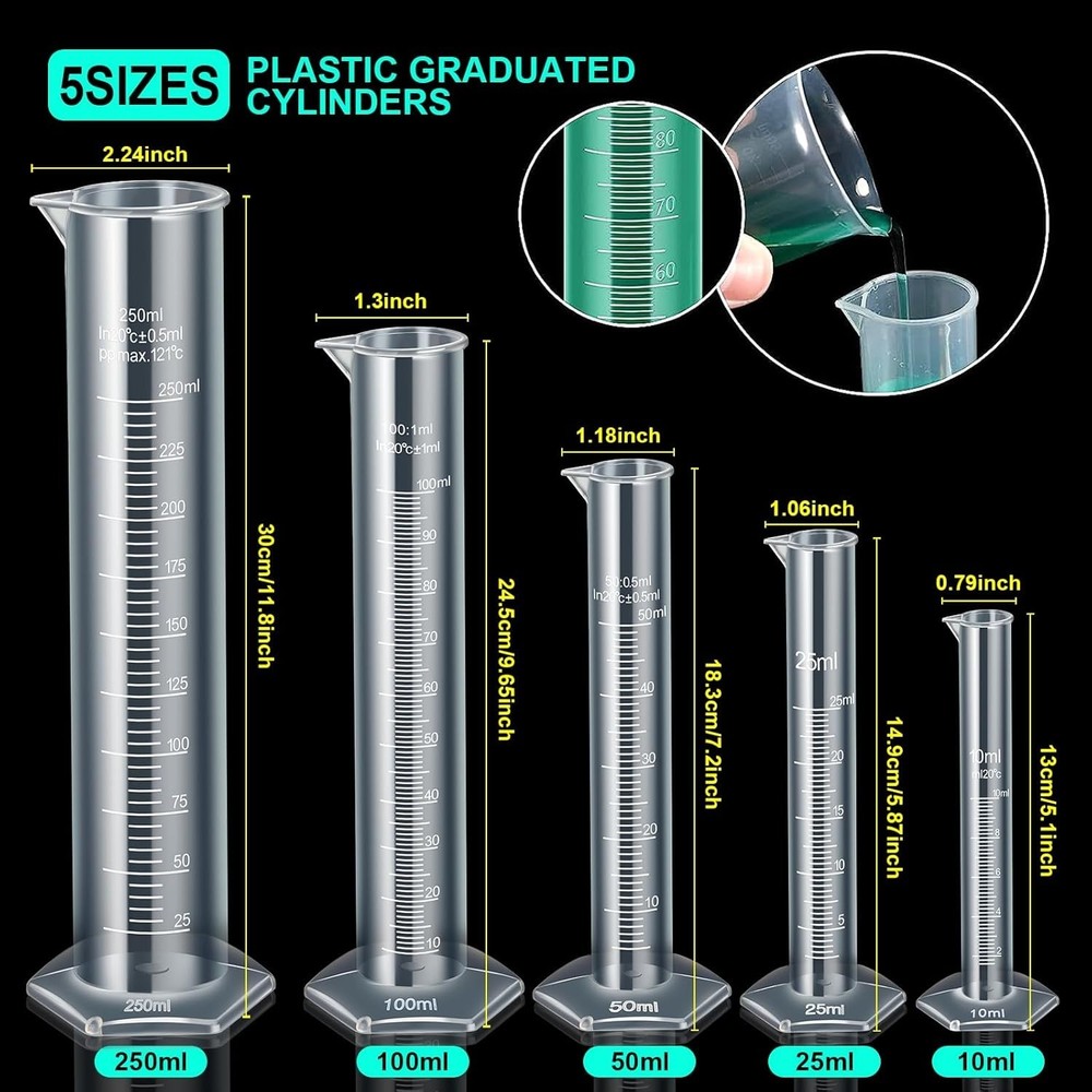 Plastic Graduated Cylinders and Beaker Set Lab Measurement Kit 10pcs