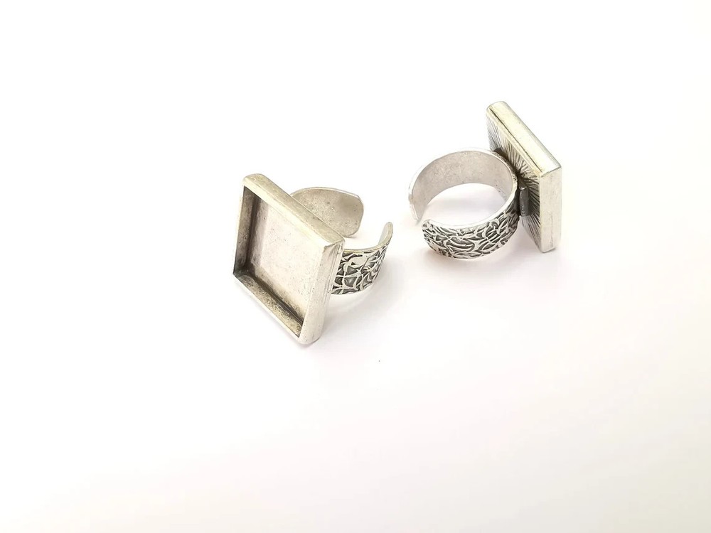 Square Antique Silver Ring Blank Settings, Cabochon Mounting Adjustable Resin