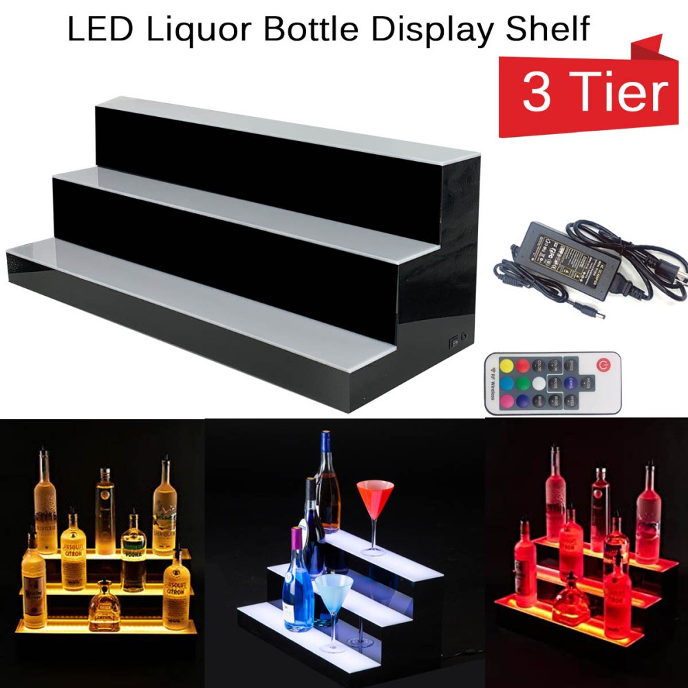 3 Tier LED Lighted Liquor Bottle Display Shelf Back 31" Bar Bottle Display Stand