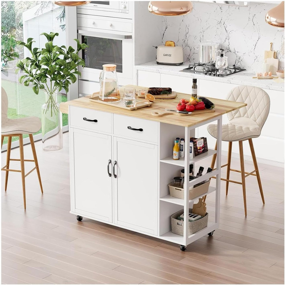 Rolling Kitchen Island Cart with Drop Leaf, Kitchen Storage Cabinet on Wheels wi