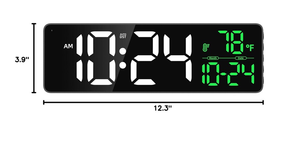 Large LED Digital Wall Clock with Date, Temperature, Auto-Brightness, Auto-DS...