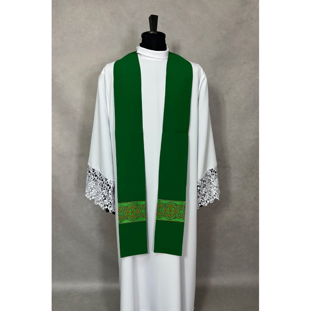 Two deacon Dalmatics + chasuble, open sides, green plain fabric, orphrey