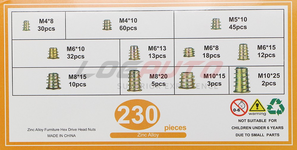 230Pcs Threaded Hex Socket Drive Wood Screws Inserts Nuts Assortment Kit M4-M10
