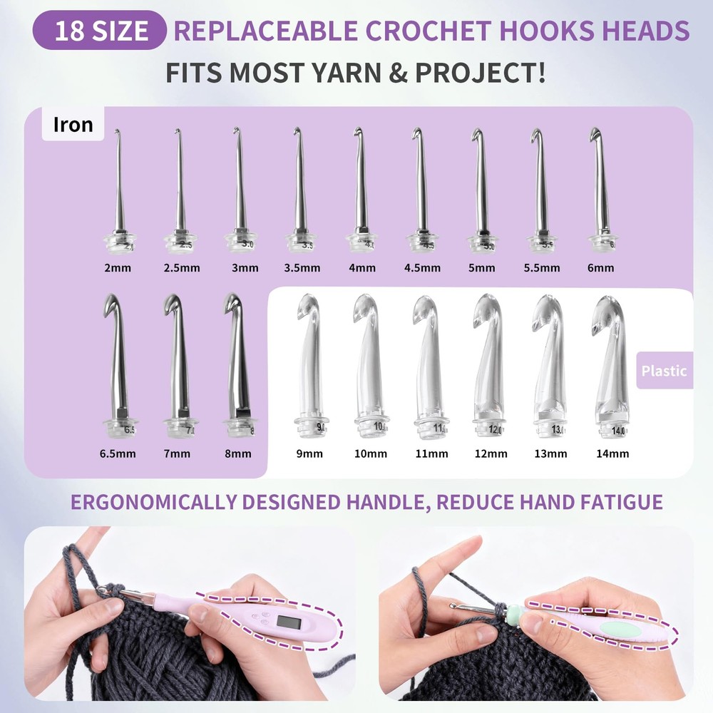 Light Up Crochet Hook Set with Stitch/Row Counter, 18 Replaceable Heads (2mm-...