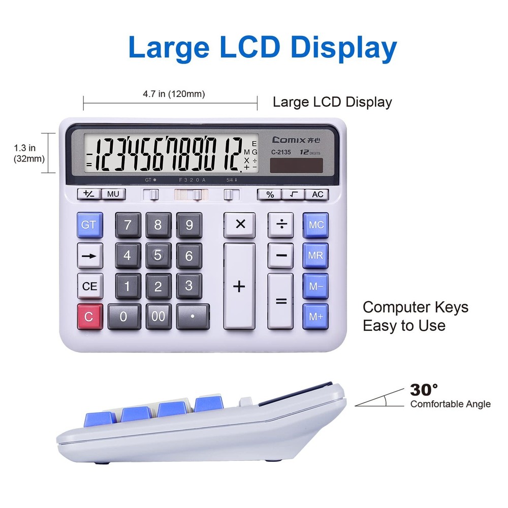 Comix Desktop Calculator Solar Battery Dual Power with 12-Digit Large LCD Dis...