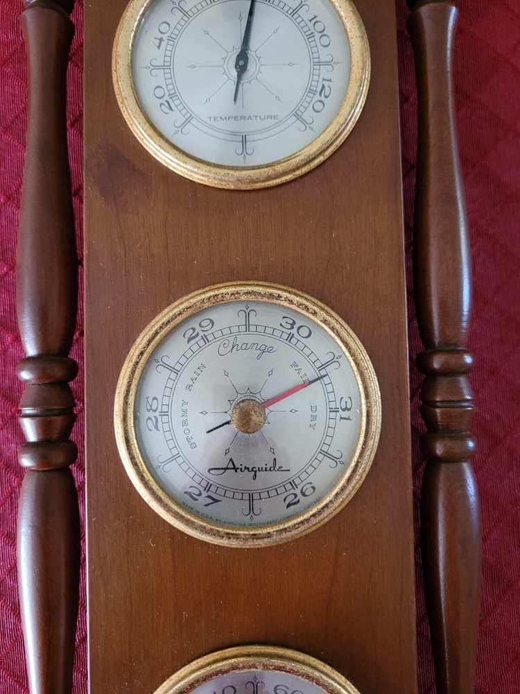 Vintage Airguide Ornate Thermometer, Barometer, Weather Station Solid Cherry