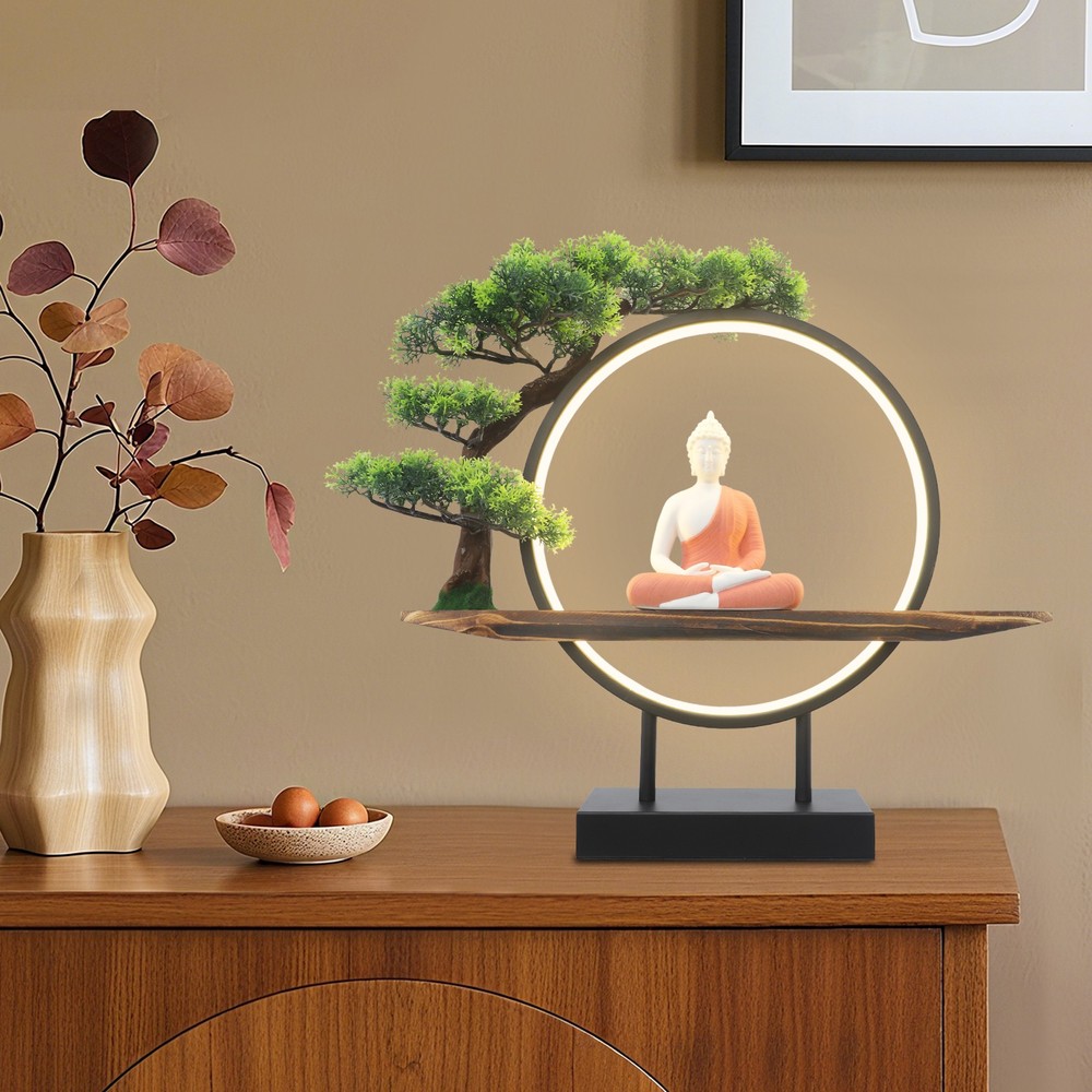Buddha Statue Circle Lamp Tabletop LED Lighting Light with Green Artificial Tree