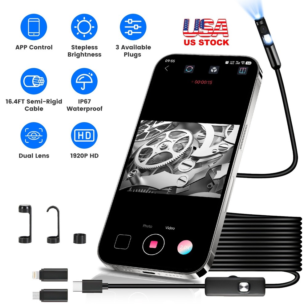 Endoscope Camera 1920P HD Inspection Borescope Tool APP Control Camera w/ Light