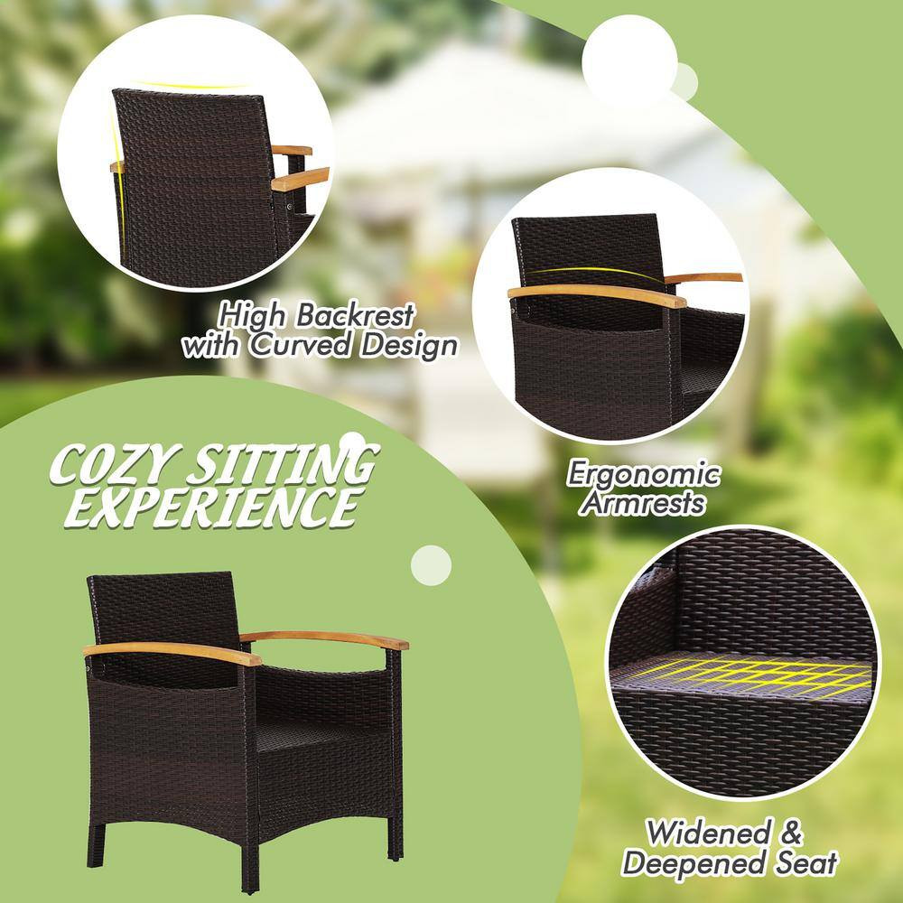 3-Piece Patio Rattan Furniture Set Wooden Armrest Table Top Cushioned Deck in of