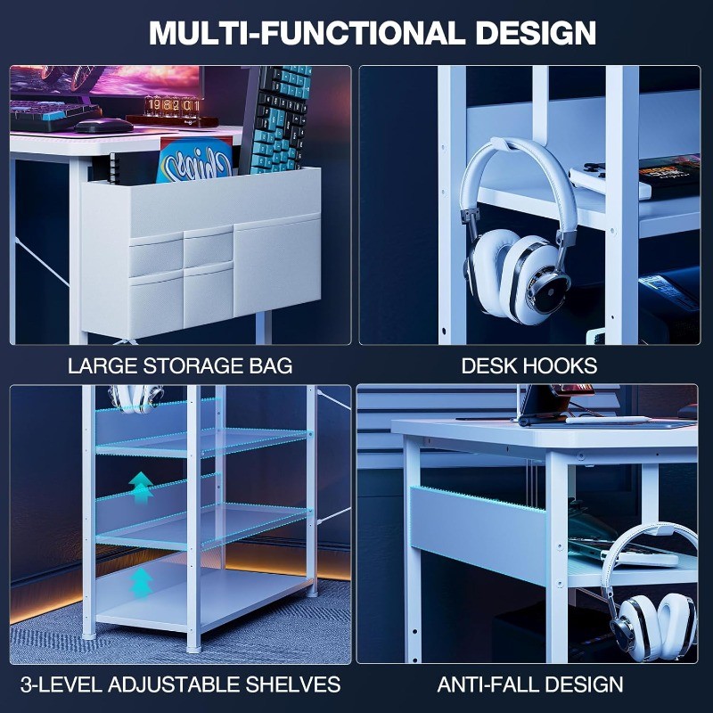 Gaming Desk with Power Outlets 48 Inch L Shaped with Shelves Storage Bag