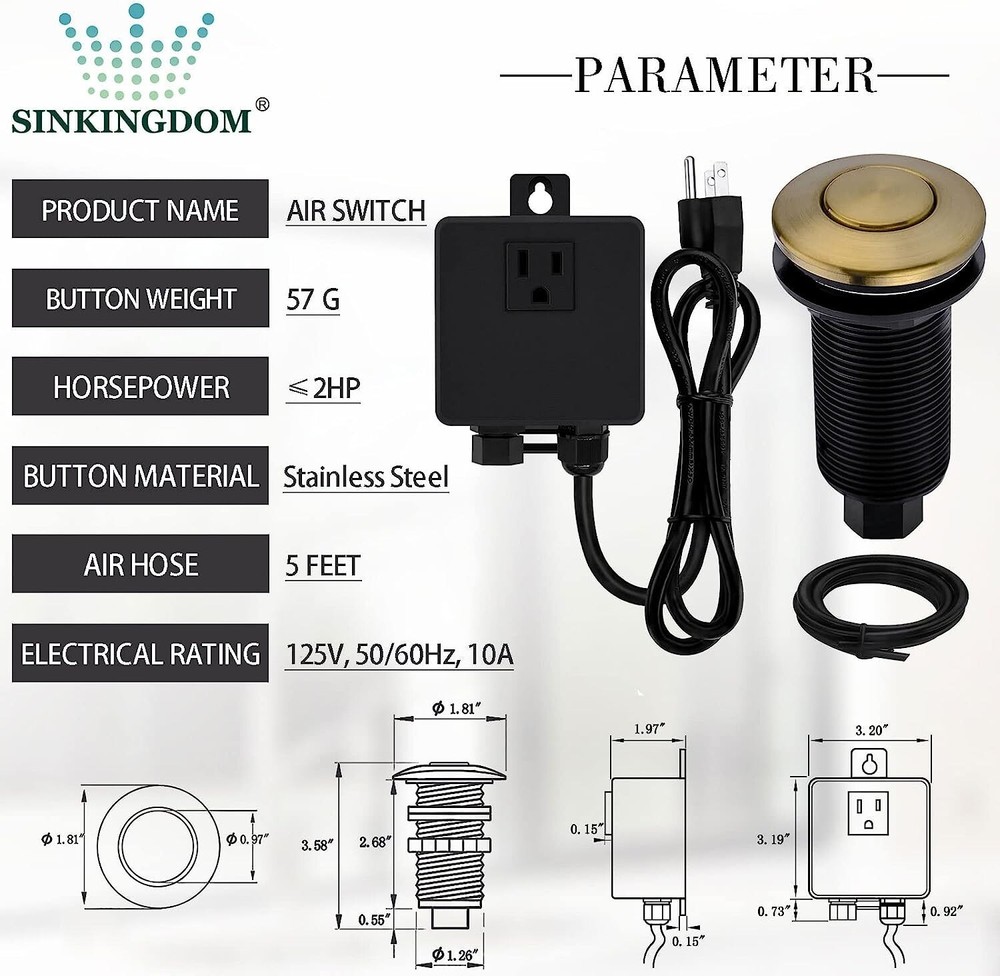 SINKINGDOM SinkTop Garbage Disposal Air Switch Kit with Long Button, Bronze