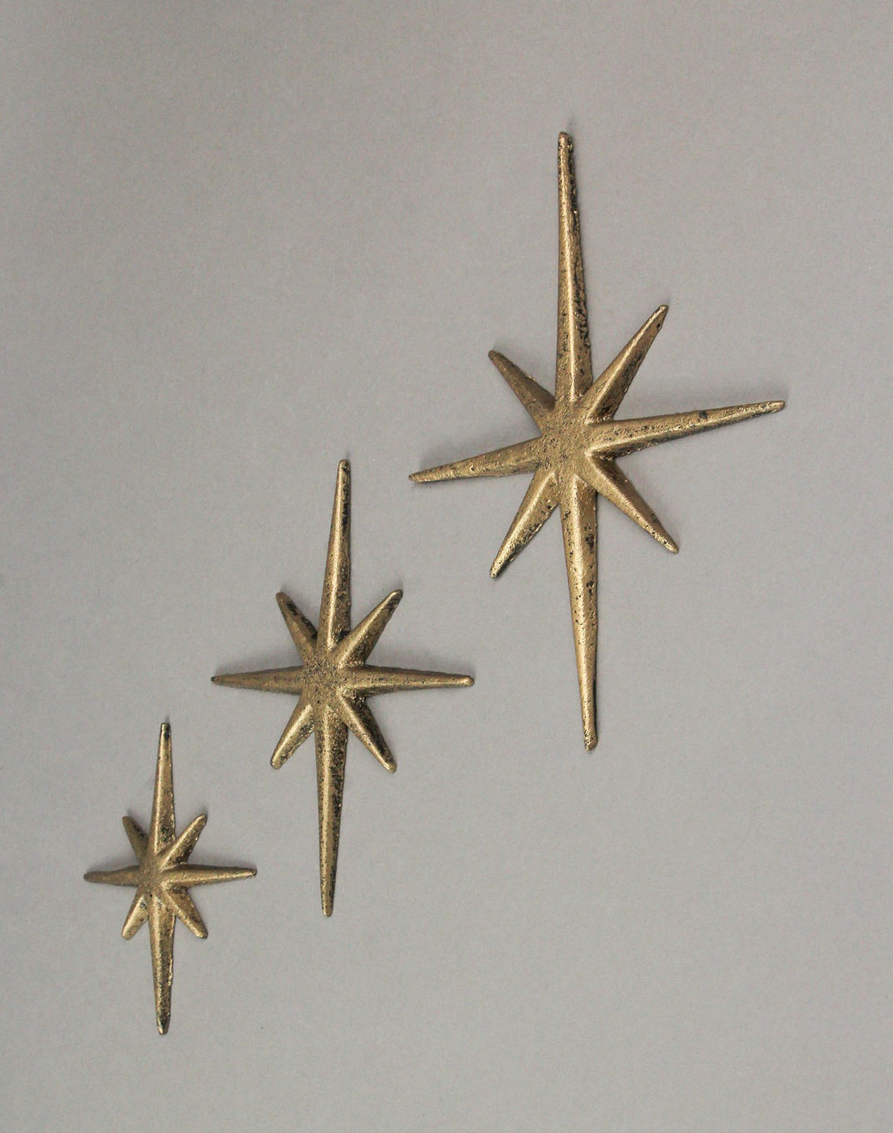 Set of 3 Gold Cast Iron 8 Pointed Starburst Wall Hangings Mid Century Stars