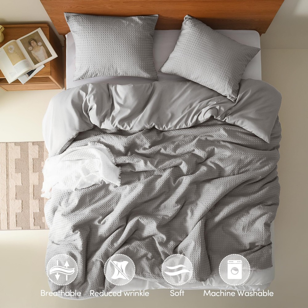 Light Grey Queen Comforter Set - 3 Pieces Breathable Dotted Weave Texture Com...