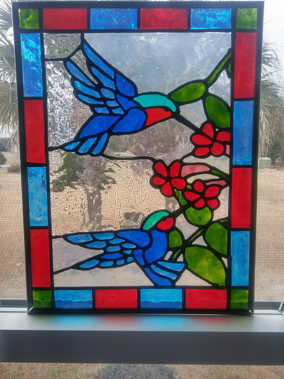 Hummingbird Stained Glass Window Panel Hand Painted Suncatcher