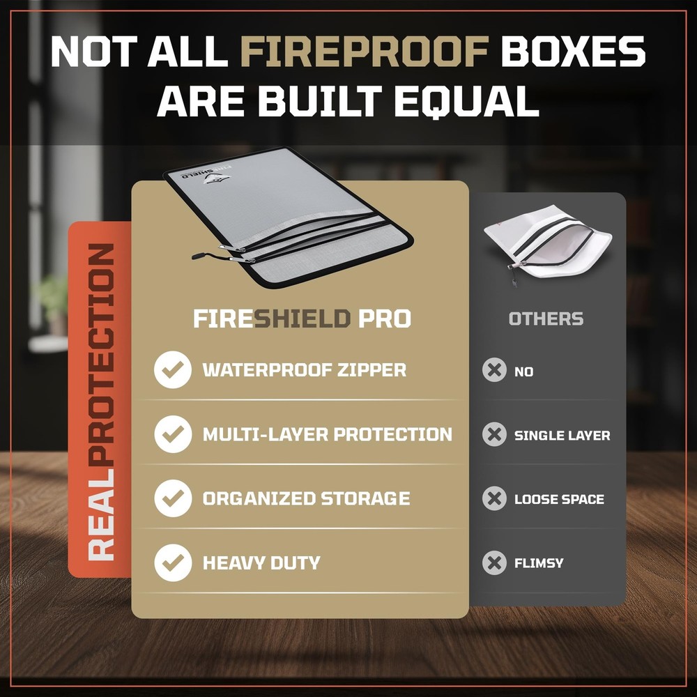 FIRESHIELD PRO Upgraded 2000°F Fireproof Document Bag w/ Large, Matte Silver
