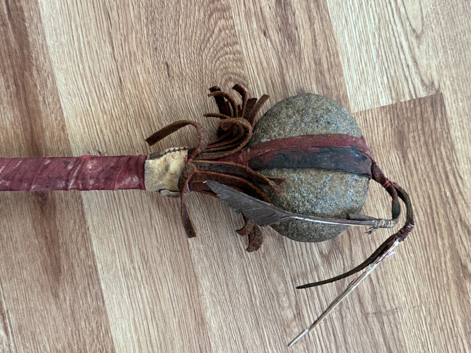 Antique Native American skull cracker weapon tomahawk rawhide painted stone club