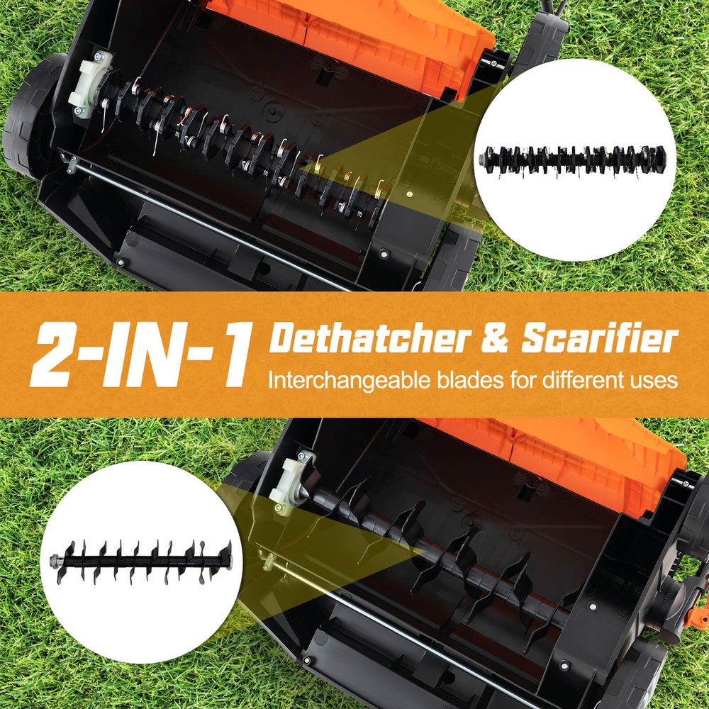 16-Inch Folding Electric Dethatcher & Scarifier w/ 3-Position Height Adjustment
