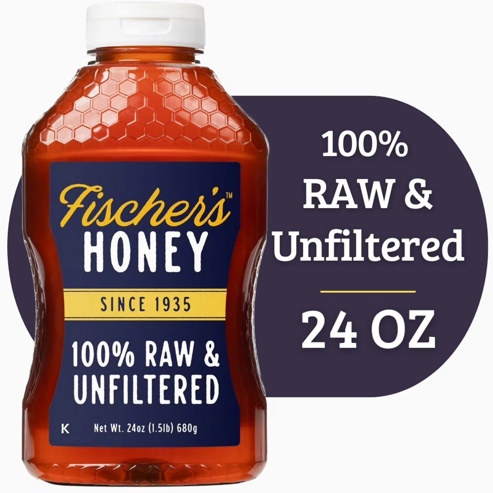 Fischers Honey, 24oz Raw and Unfiltered, Local 100% US Grade Squeeze Bottle New