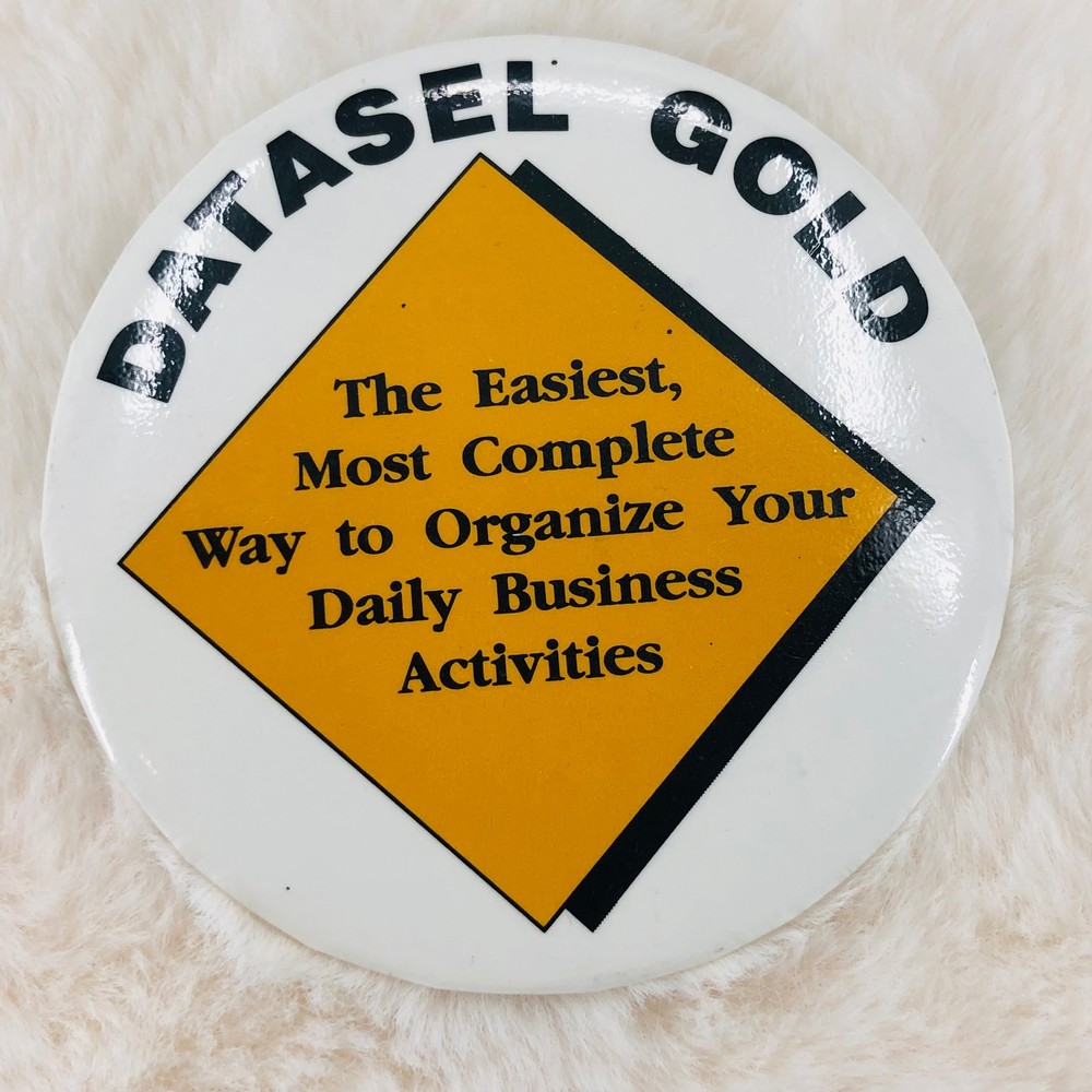 Vtg Datasel Gold Computer Software Advertising Button Pin