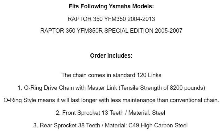 Gold O-Ring Drive Chain & Sprocket Kit for Yamaha Raptor 350 YFM350 2004-2013