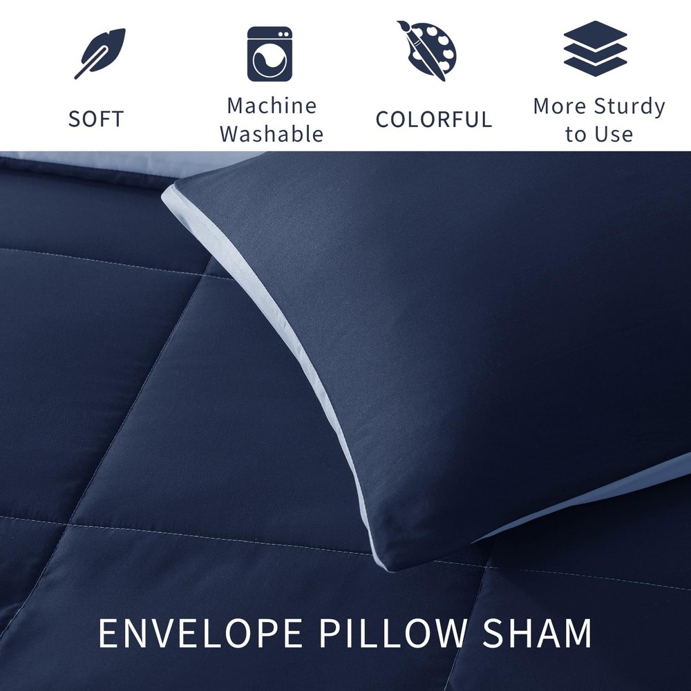 3 PCS Queen Comforter Set, Navy/Blue, Reversible, Down Alternative, 2 Shams